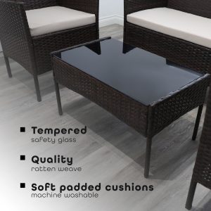 Nurture & Bloom Garden Furniture Set Rattan Patio Conservatory Balcony Indoor Outdoor 4 Seater Piece Glass Top Coffee Table Sofa Loveseat with Cushions (Brown)