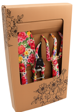 Nurture & Bloom 4 Piece Garden Tool Set with Multi Color Print - Trowel, Cultivator, Pruning Shear, Gloves Gift Set for Gardening Needs (Red)