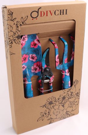 Nurture & Bloom 4 Piece Garden Tool Set with Multi Color Print - Trowel, Cultivator, Pruning Shear, Gloves Gift Set for Gardening Needs (Blue)